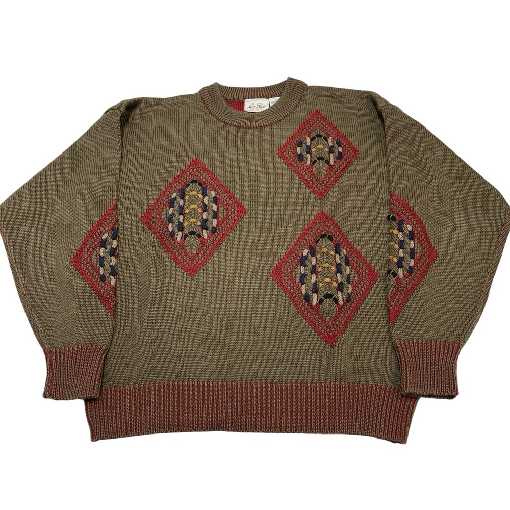 Vintage New River Sweater L Wool Blend Textured Pullover Aztec‎ Southwestern